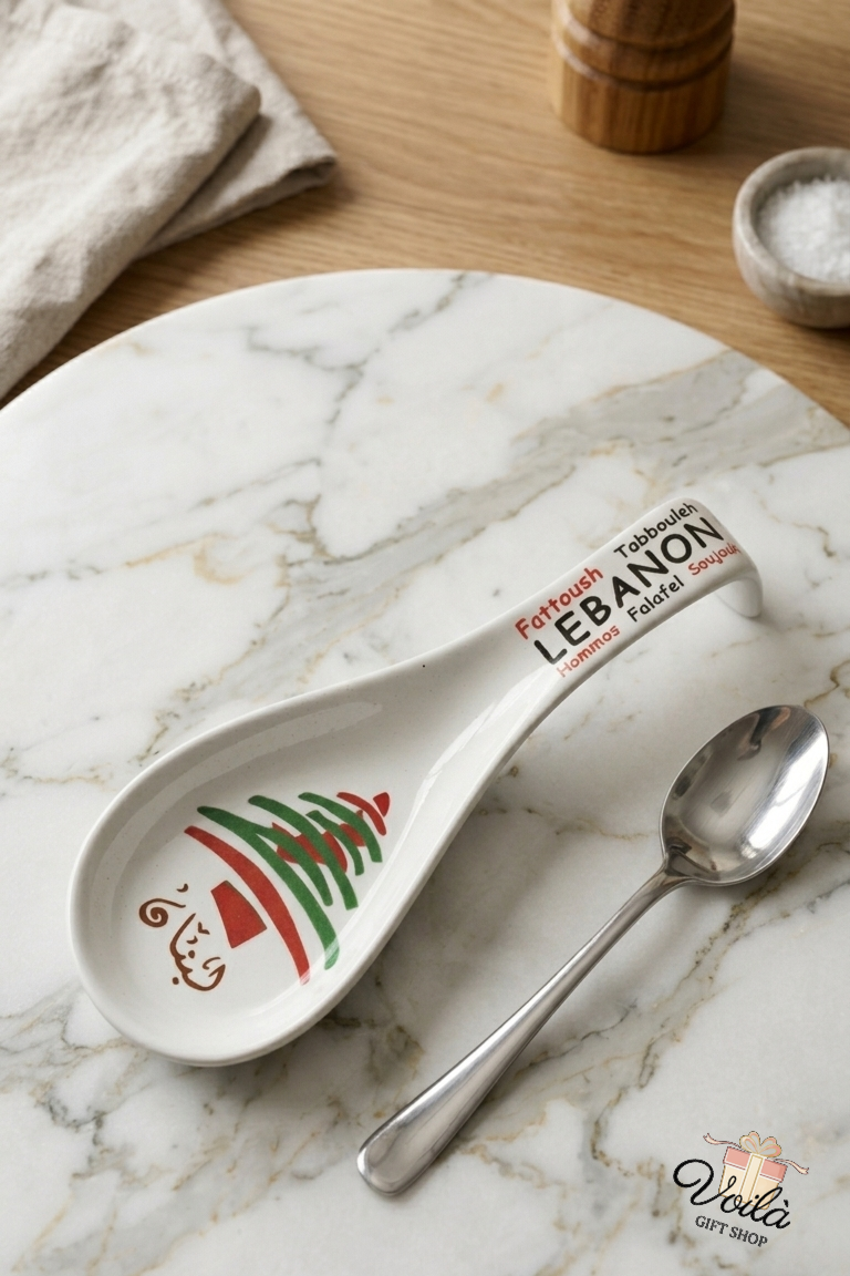 A white ceramic spoon rest featuring a Lebanese cedar tree and traditional food names on a marble surface next to a spoon