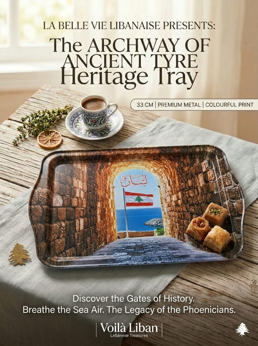 Heritage tray with a design of an archway and sea view, placed on a wooden surface with a cup of coffee.