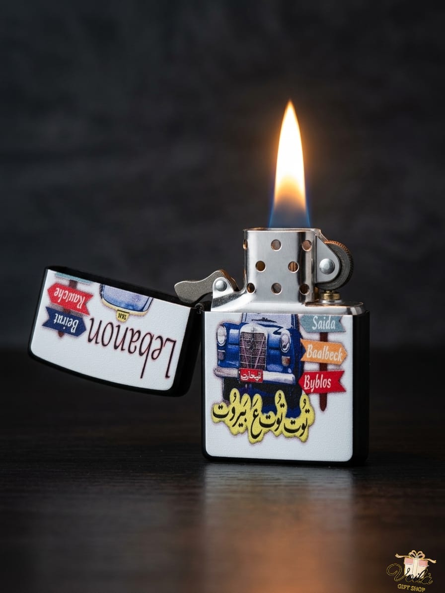 Lighter with branding on a dark background