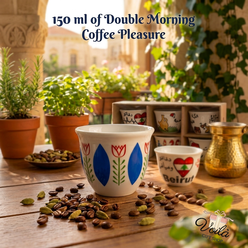 Traditional Lebanese ceramic coffee cup with classic blue and red tulip design on a wooden table with coffee beans