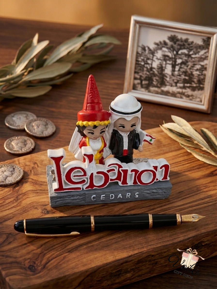 Hand-painted traditional Lebanese couple figurine with Lebanon Cedars inscription