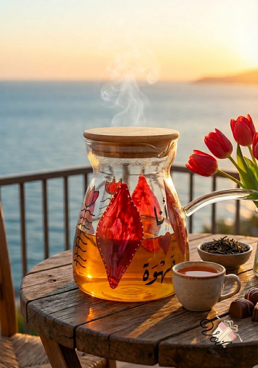 Glass teapot with red leaves and a wooden lid on a wooden table by the sea at sunset.