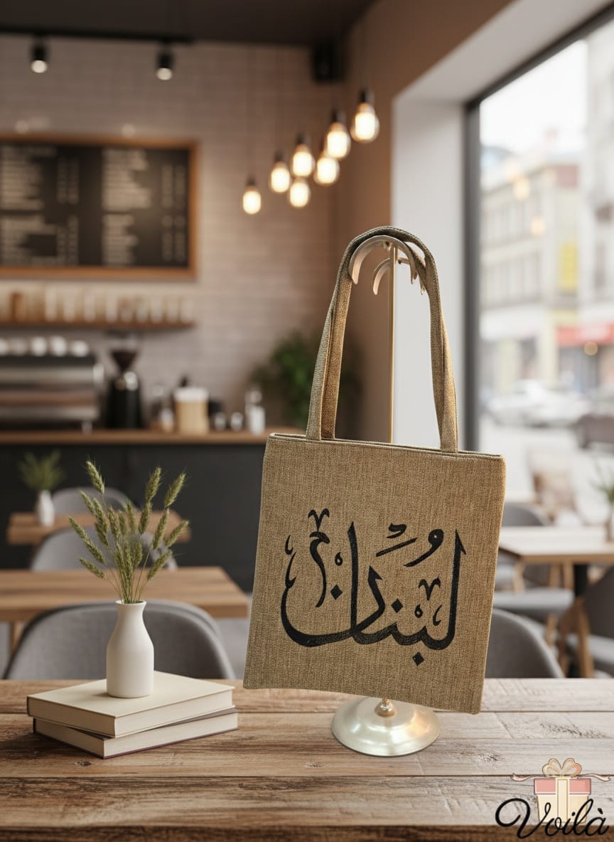 Burlap tote bag with Arabic text on a wooden table in a cafe setting