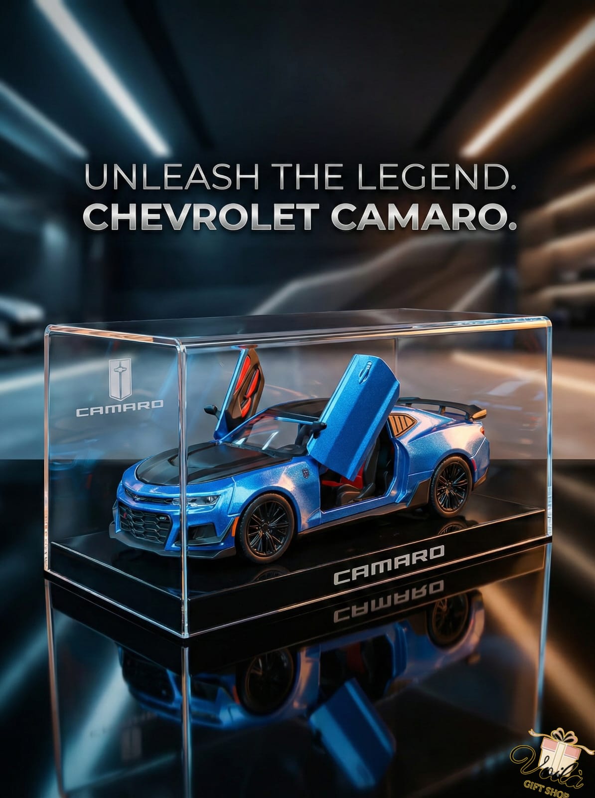 Blue Chevrolet Camaro model car in a clear display case with 'Unleash the Legend Chevrolet Camaro' text.