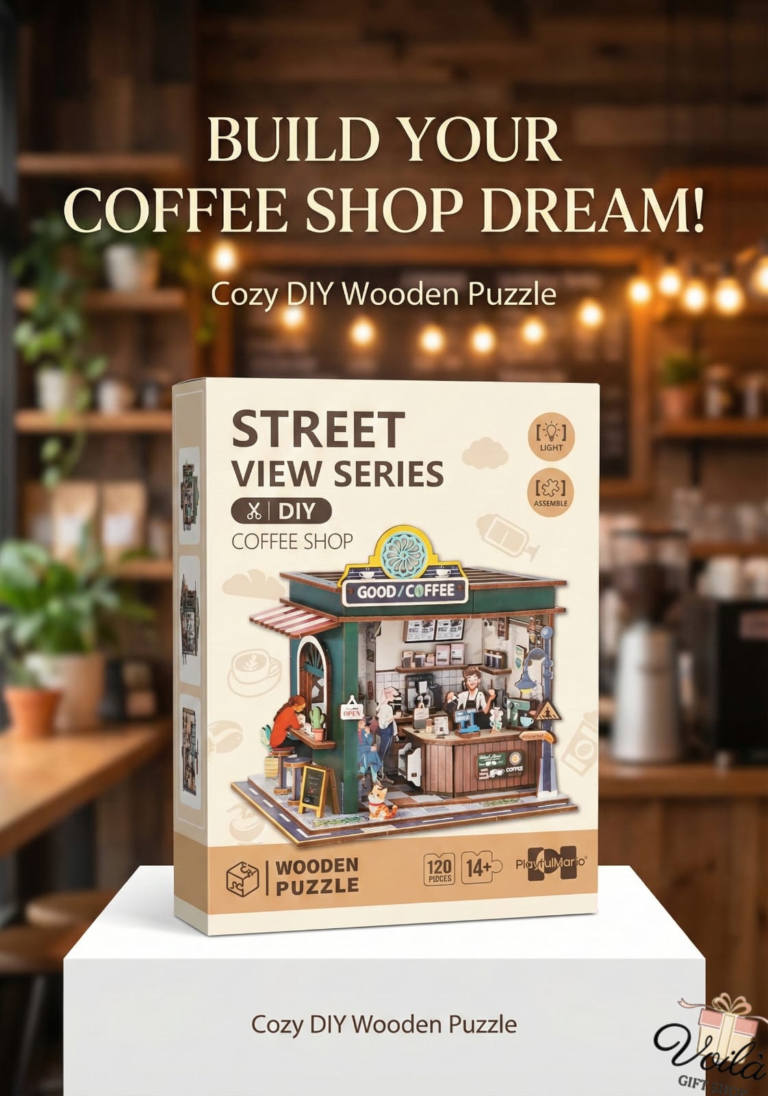 Cozy DIY Wooden Puzzle packaging with coffee shop design on a wooden shelf background