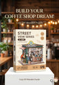 Cozy DIY Wooden Puzzle packaging with coffee shop design on a wooden shelf background