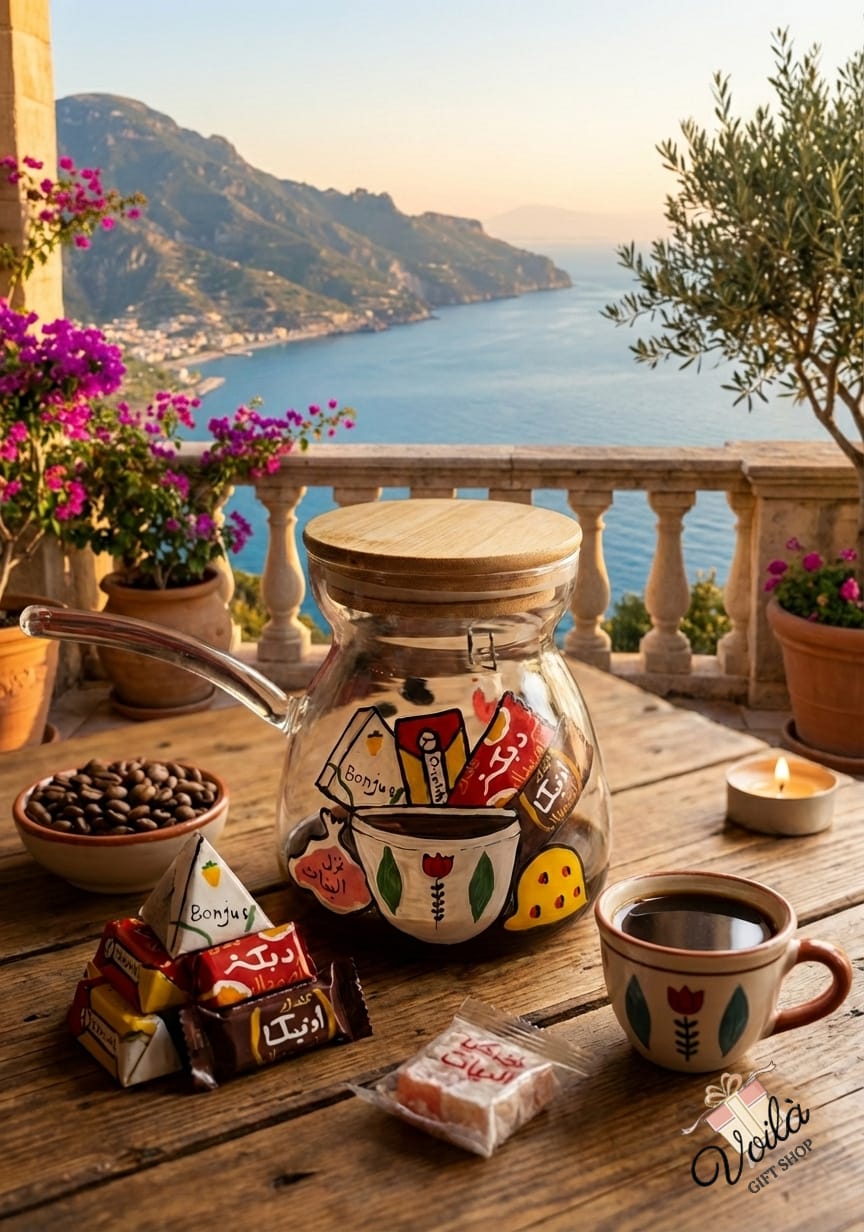 Café au lait with chocolate pieces and a scenic view of mountains and sea.