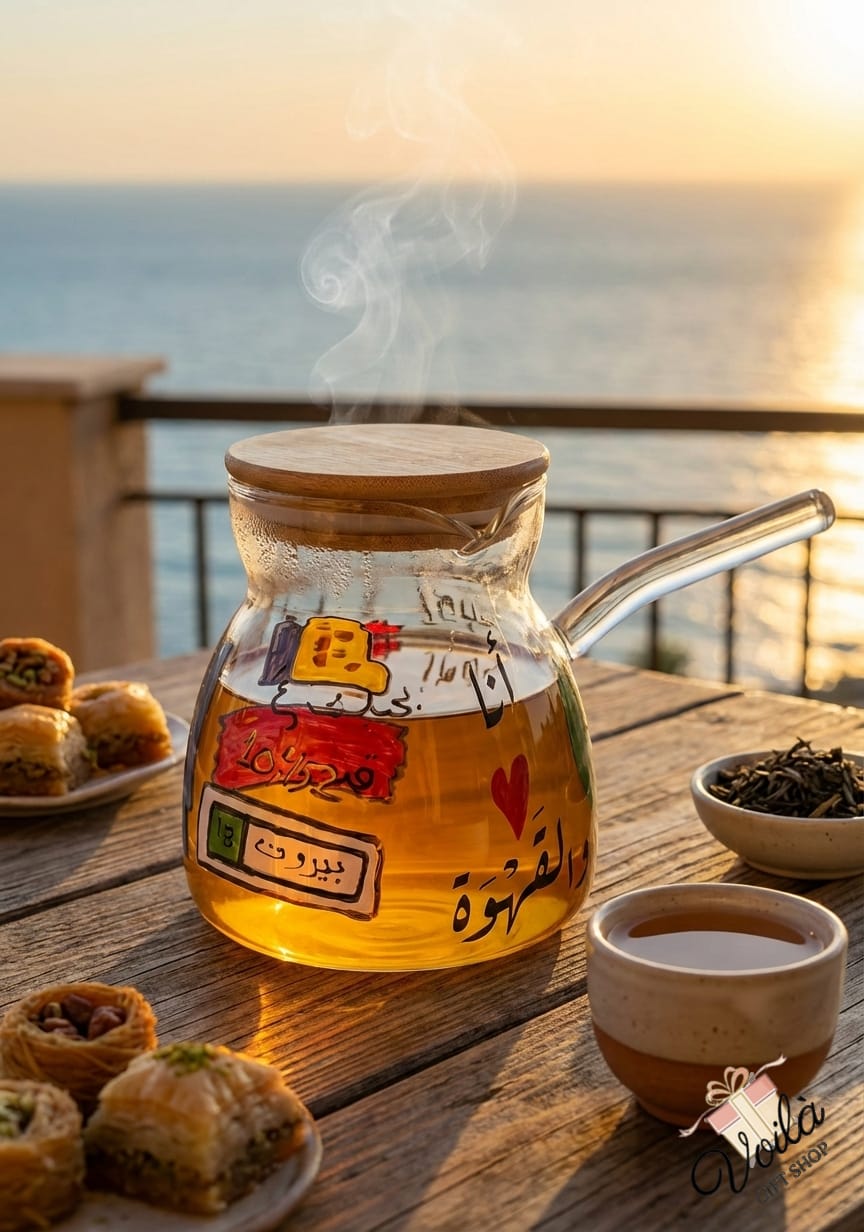 Teapot with steam, cup of tea, and snacks on a wooden table by the sea.