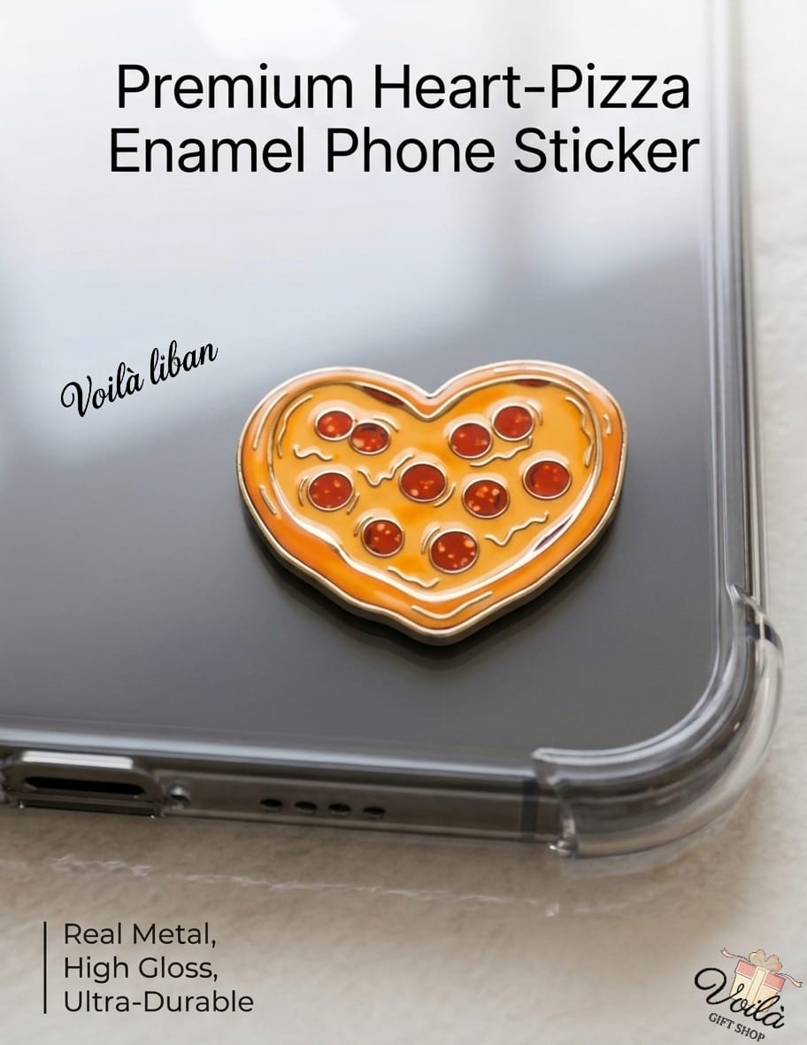 Premium heart-shaped metal enamel phone sticker designed as a pepperoni pizza with a gold border, glossy orange-yellow melted cheese, and red pepperoni slices, attached to a clear phone case.