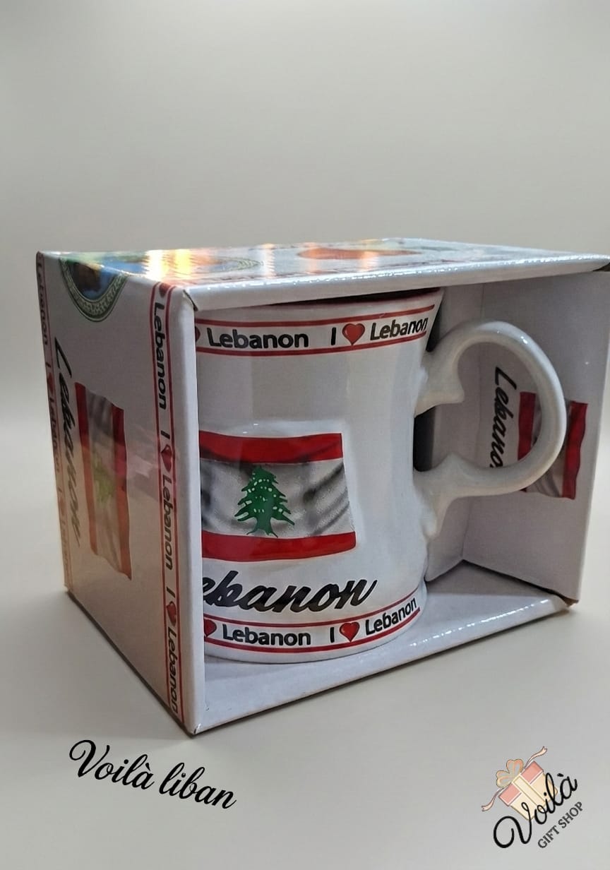 Mug with Lebanon design in a branded box on a white background