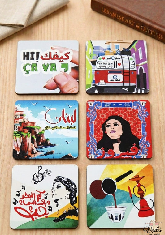 Lebanese Pop Culture & Music Icons Coaster Set - 6 Piece With Holder