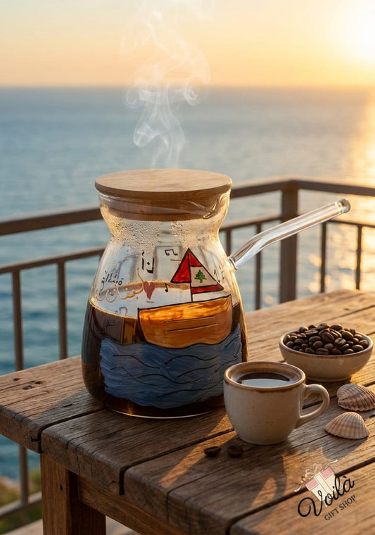 Artisan "Lebanese Seas" Hand-Painted Glass Coffee Pot – Traditional Sailboat Edition