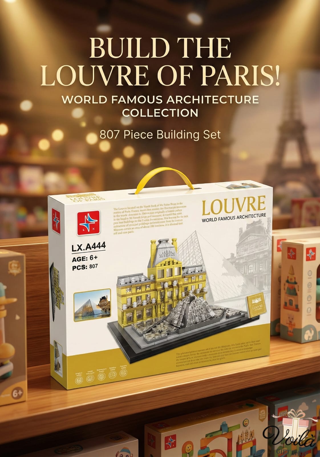 Building set packaging for Louvre of Paris on a shelf with blurred background