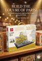 Building set packaging for Louvre of Paris on a shelf with blurred background