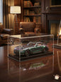 Model car in a clear display case on a wooden table with a cozy room background