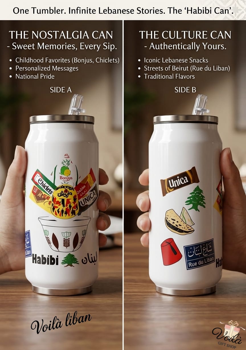Two sides of a 'Habibi Can' tumbler with Lebanese-themed graphics and text.