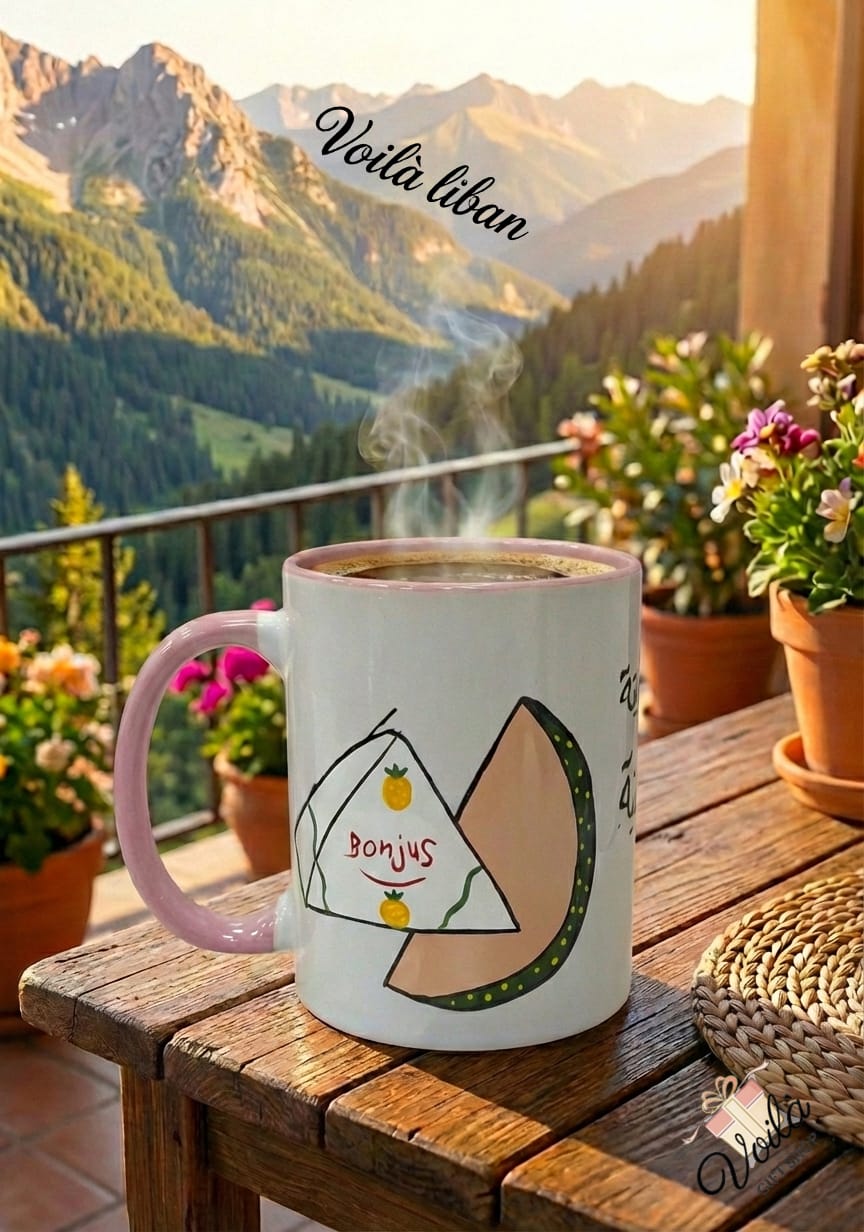 Mug with a design on a wooden table with a mountain view in the background