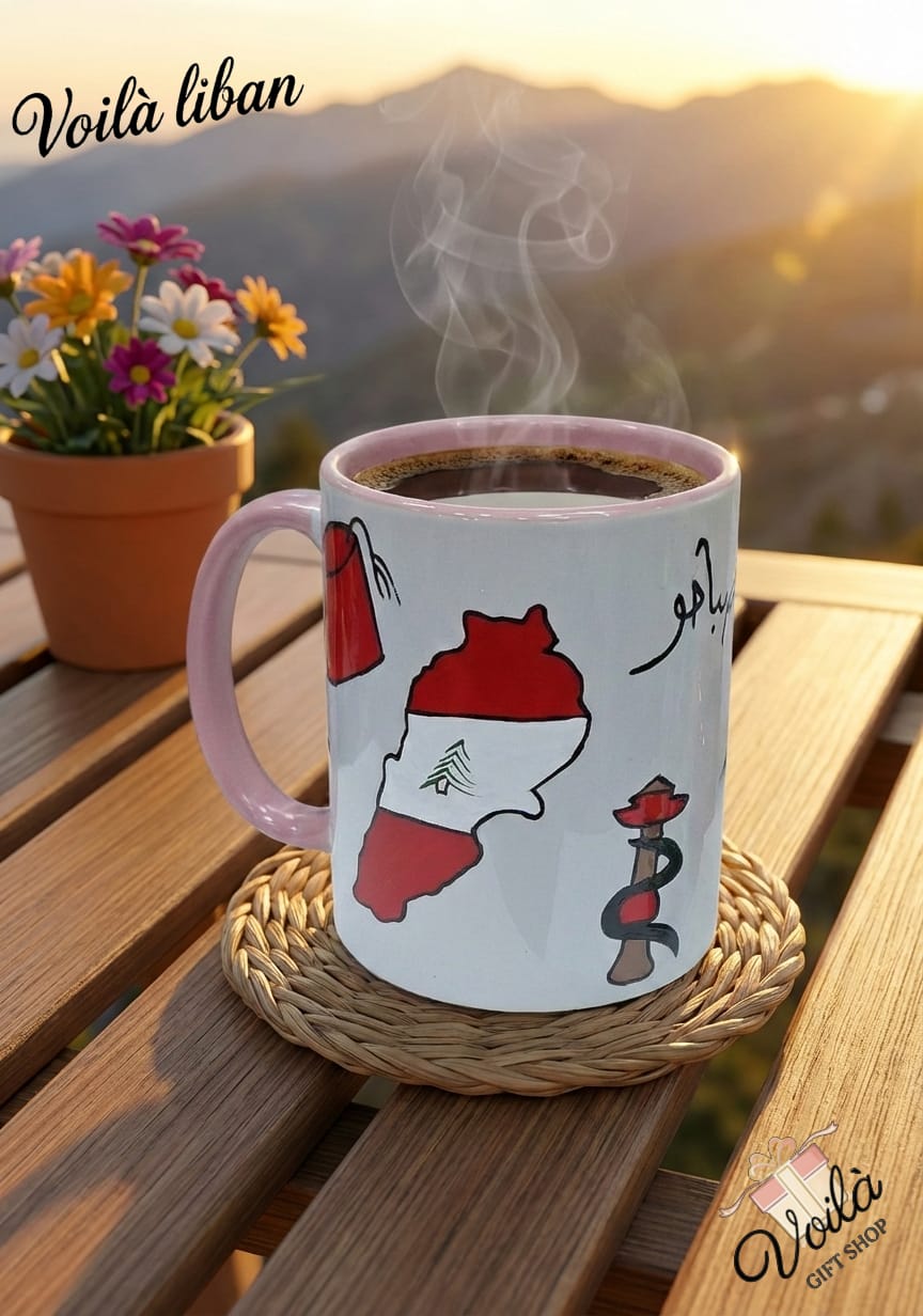Cup of coffee with artistic design on a wooden table with flowers and sunset in the background