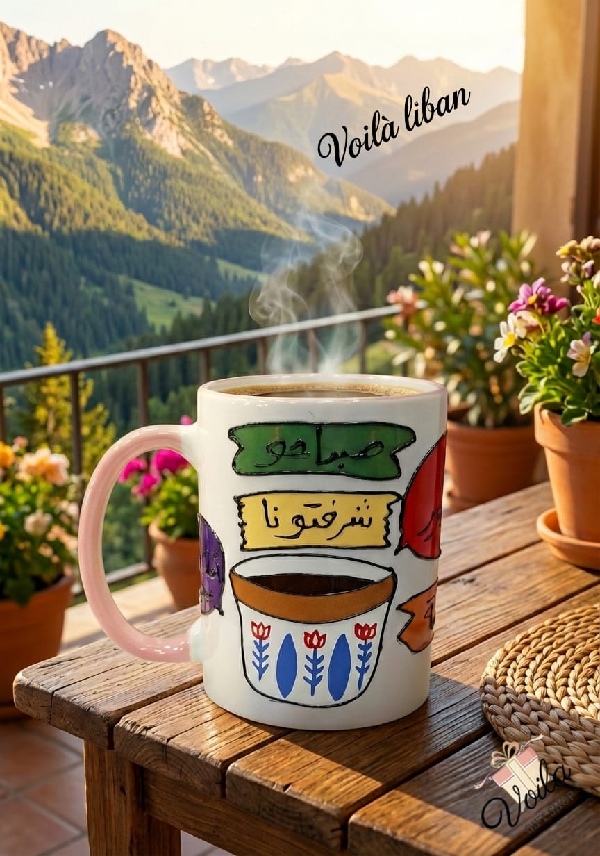Decorative coffee mug with Arabic text on a wooden table with a mountainous landscape in the background.