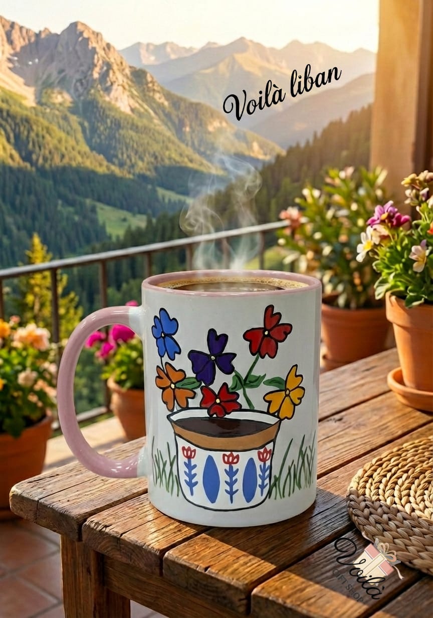 Mug with floral design on a wooden table with a mountainous landscape in the background