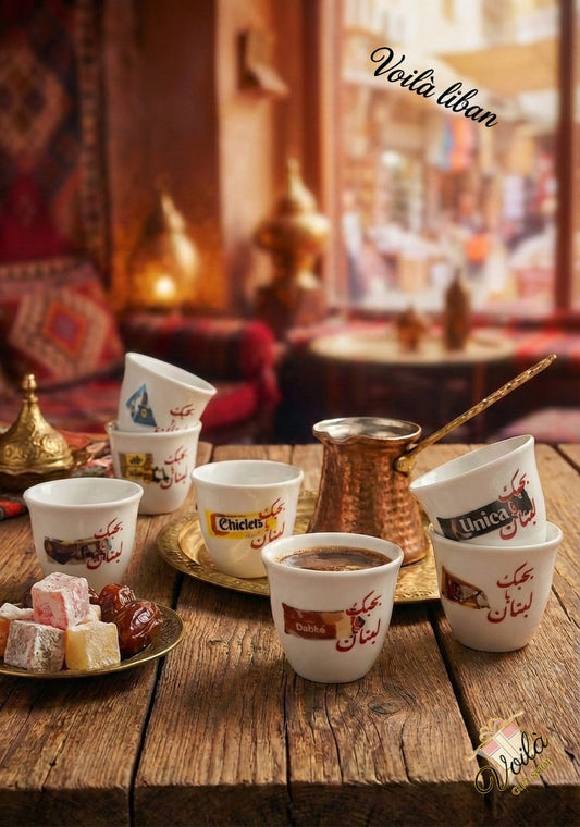 Café setting with cups, cookies, and a decorative background