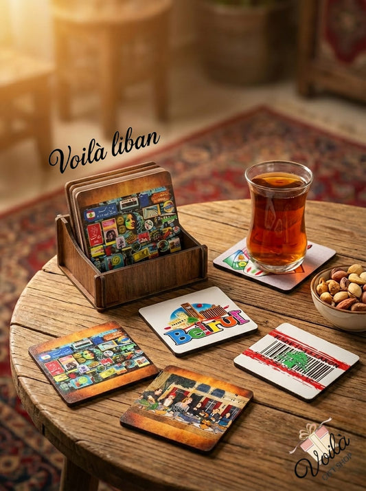 Traditional Lebanese Heritage Wooden Coaster Set | 6-Piece Square Gift Collection