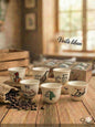 Set of small cups with various designs on a wooden table, featuring the brand 'Voila Liban'.