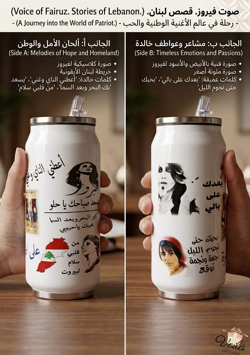Two cans with artistic illustrations and text, held by a hand on a wooden surface.