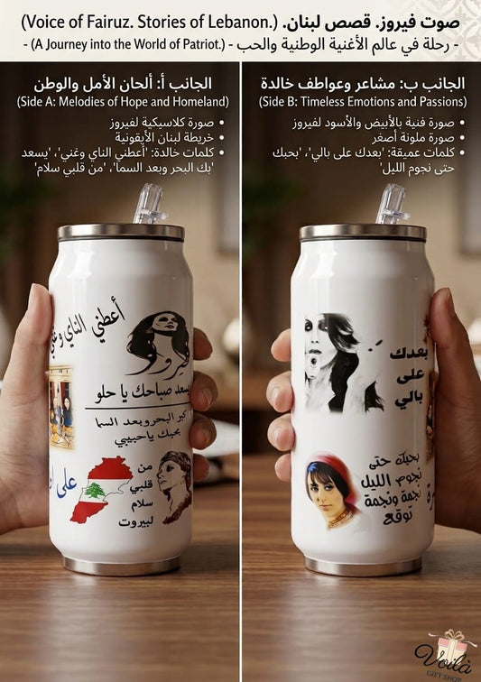 Two cans with artistic illustrations and text, held by a hand on a wooden surface.