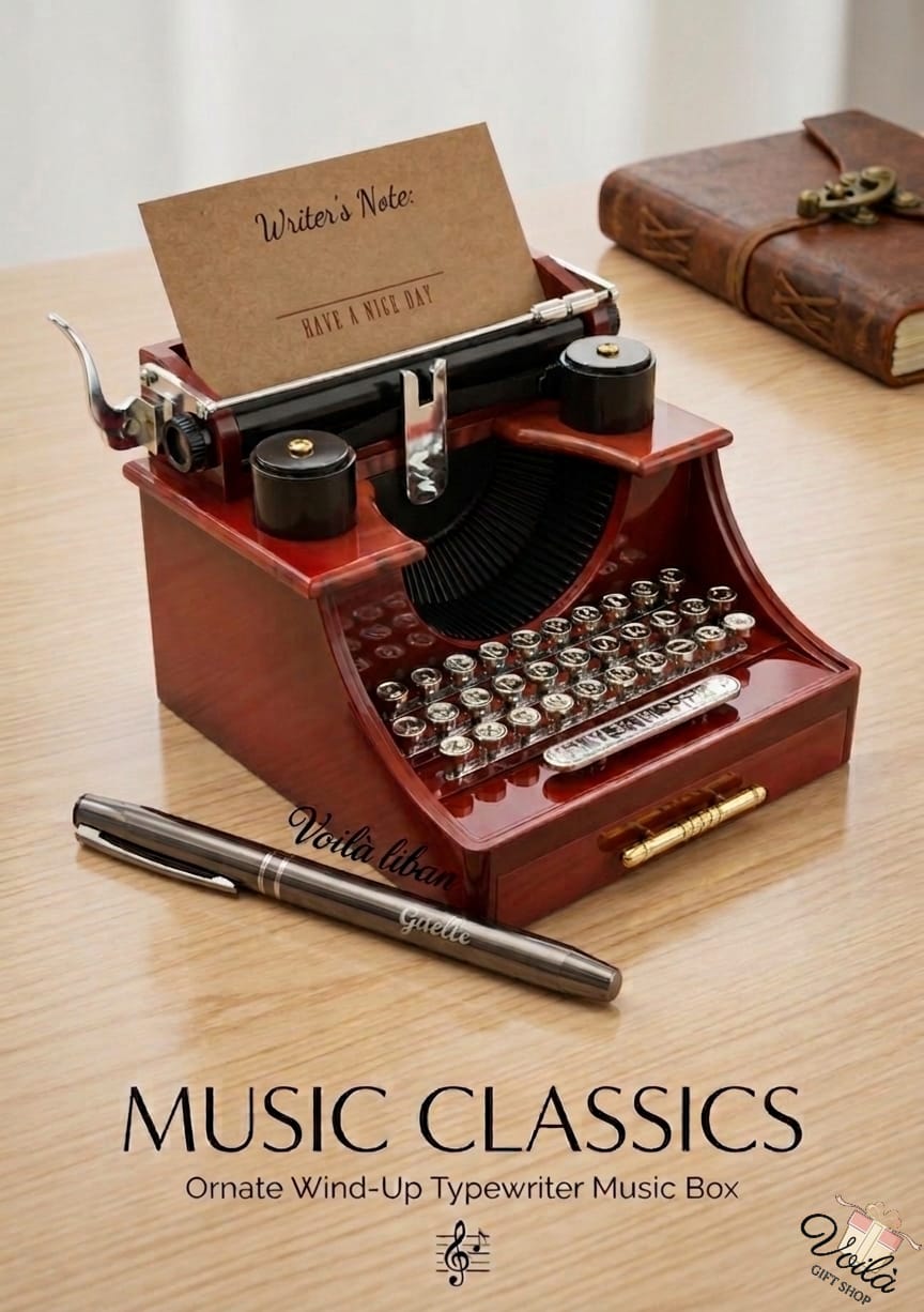 Ornate Wind-Up Typewriter Music Box | Vintage Gifts for Writers