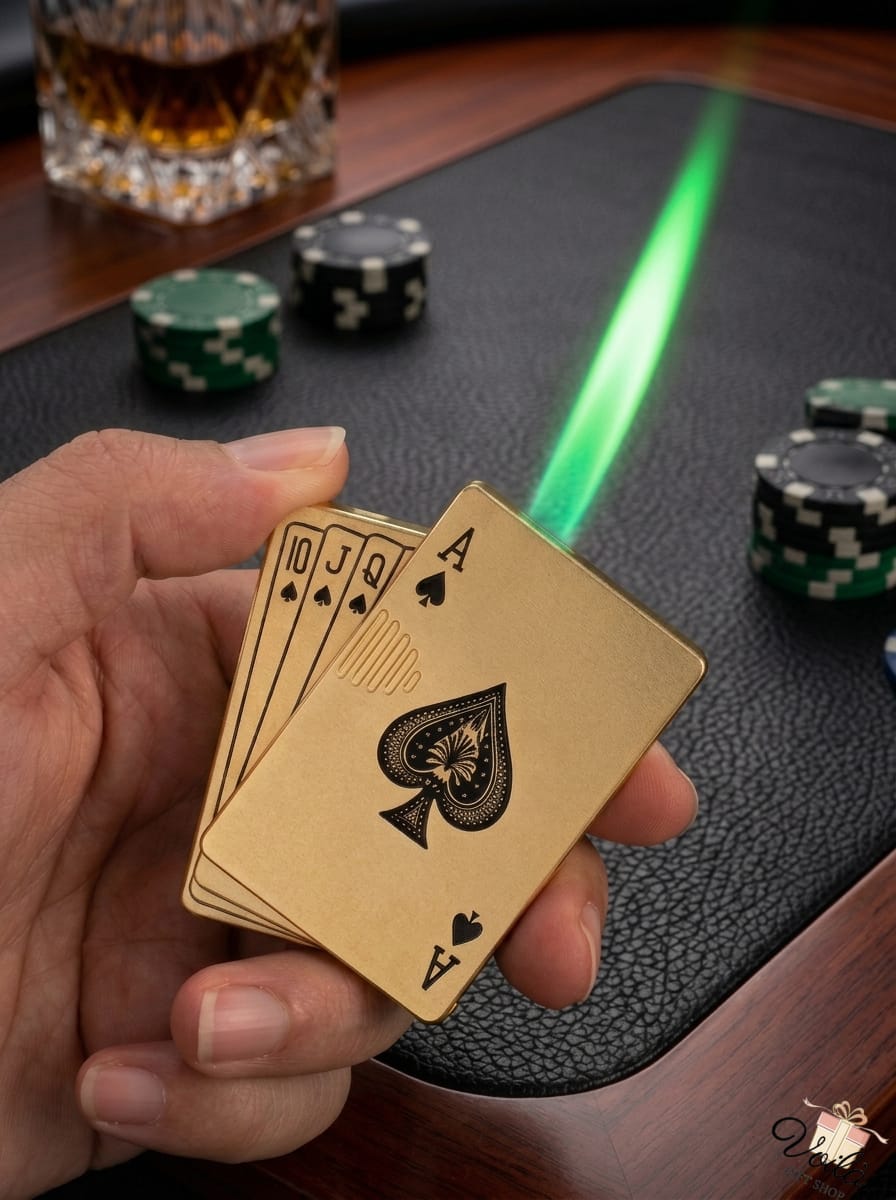 Hand holding gold playing cards with poker chips and a glass of whiskey on a table.