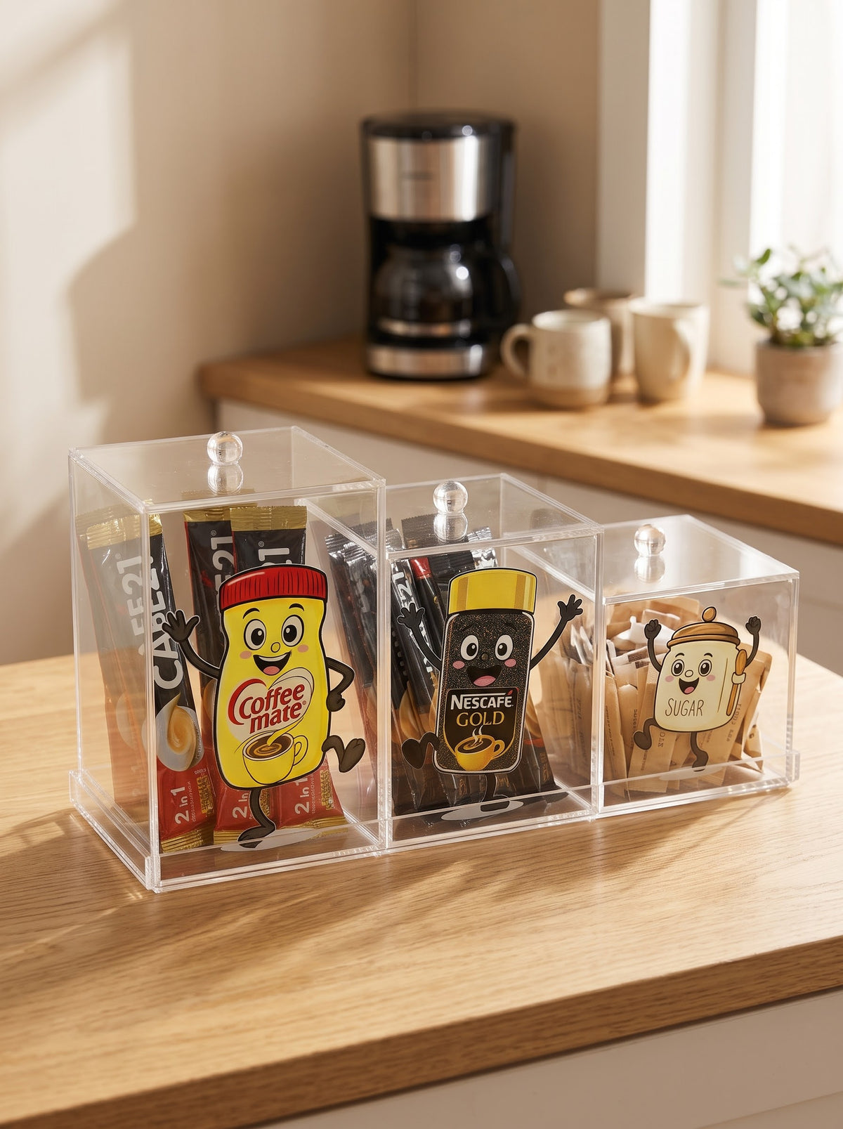 3-tier clear acrylic coffee station organizer with lids for Nescafe and sugar