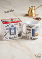 Lebanese-themed mug and packaging on a marble surface with coffee beans and a cezve.