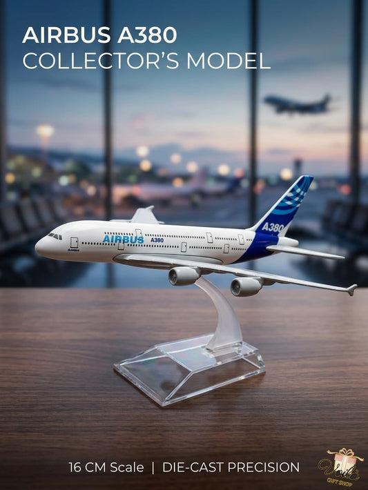 Model Airbus A380 on a stand with an airport background
