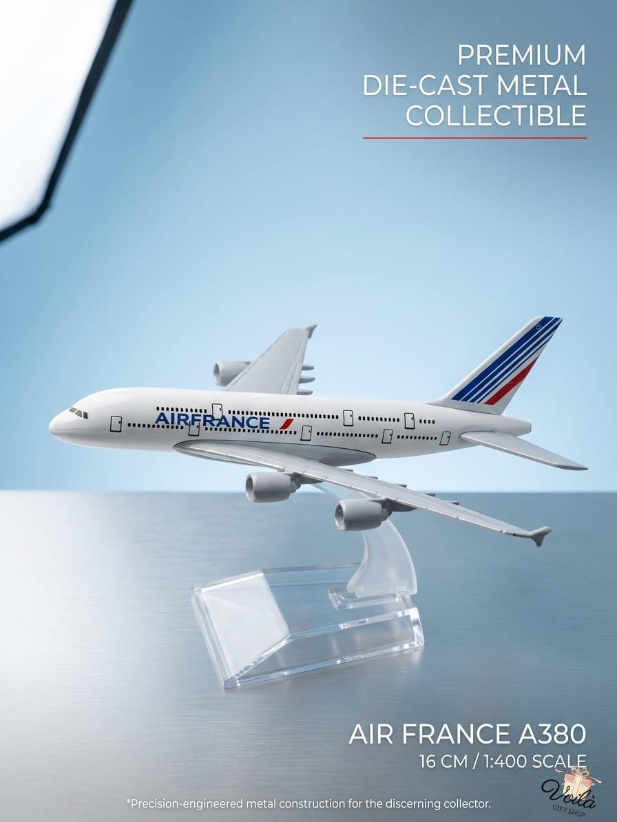 Model of an Air France A380 airplane on a reflective surface with a clear blue background.