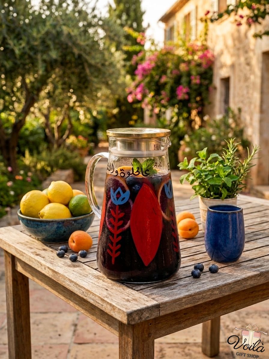 Hand-painted glass pitcher with Arabic calligraphy on a rustic wooden table in Lebanon