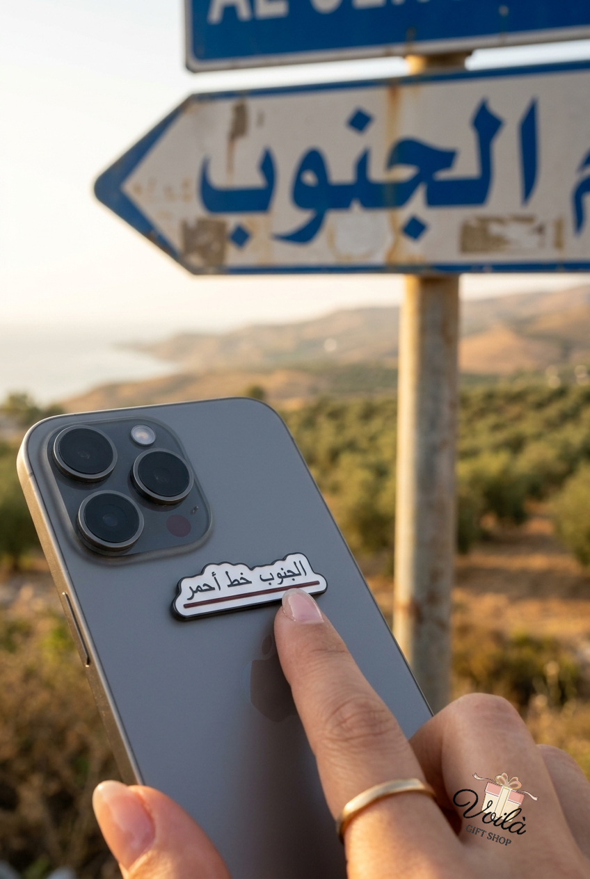 Al Janoub Khat Ahmar enamel sticker on a grey iPhone with a Lebanese road sign in the background