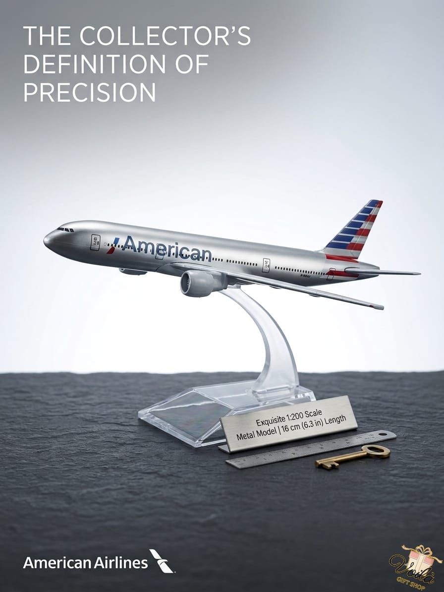 Model airplane on a stand with 'American Airlines' branding against a gray background