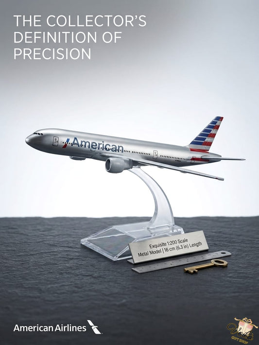 Model airplane on a stand with 'American Airlines' branding against a gray background