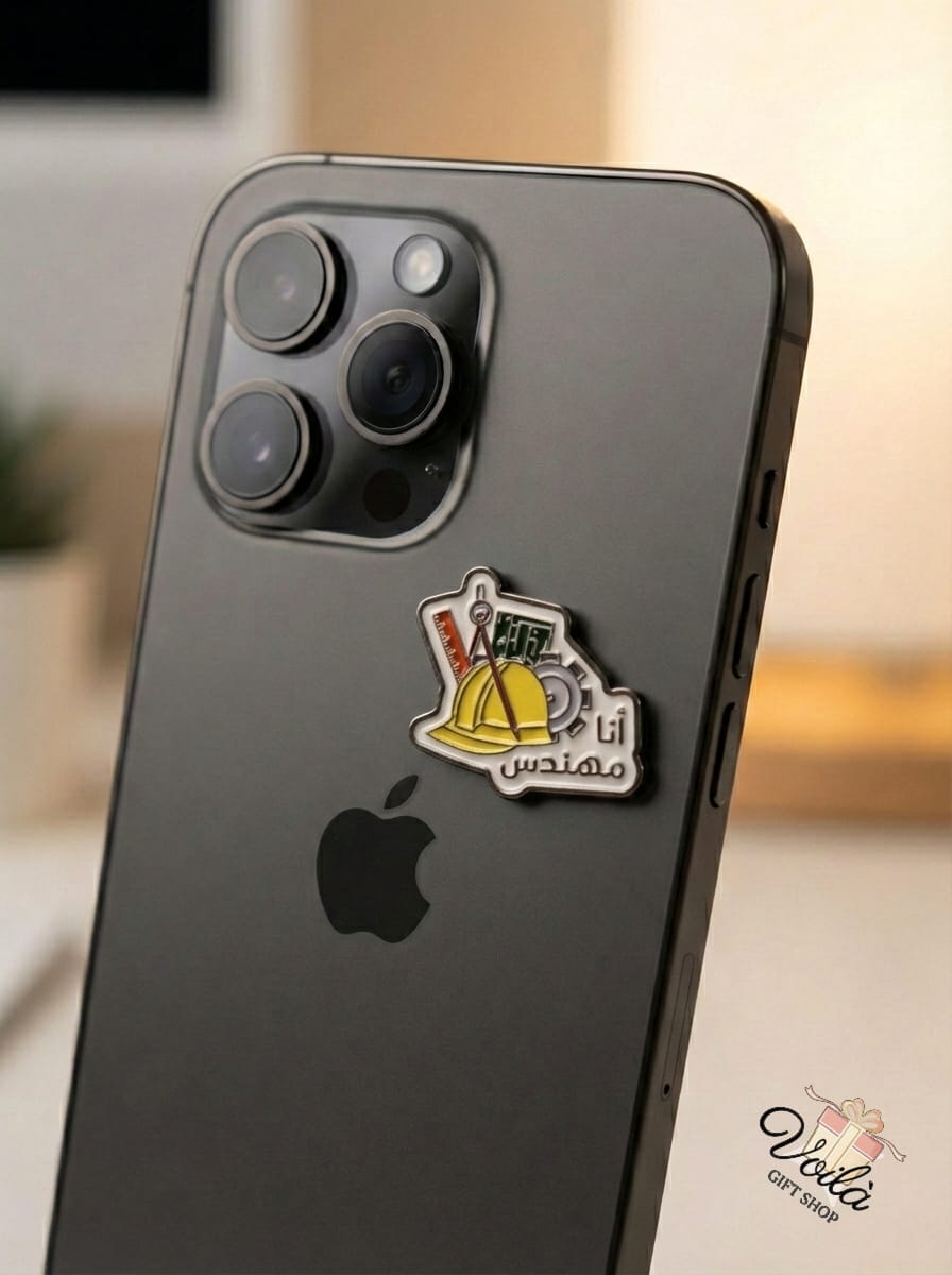 Phone case with a logo and text on a blurred background