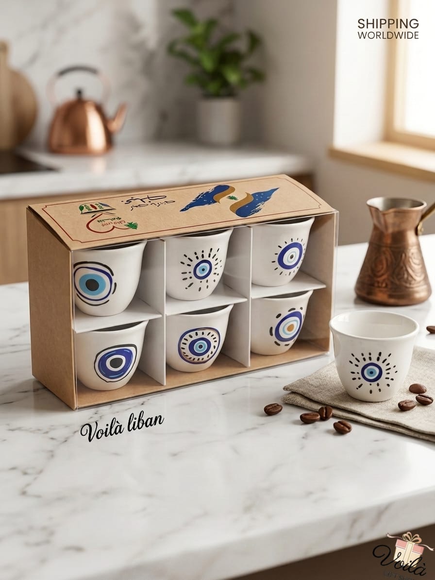 Set of six authentic white ceramic Arabic coffee cups featuring assorted blue protective evil eye motifs, presented in a premium kraft display box on a white marble countertop next to a copper rakwe.