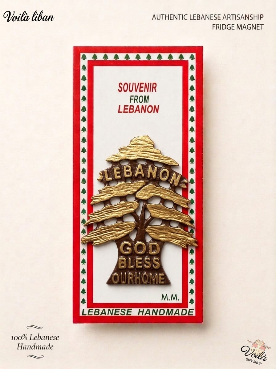 Authentic 100% handmade Lebanese fridge magnet featuring a sculpted gold and brown cedar tree with the words Lebanon and God Bless Our Home, in premium souvenir packaging.
