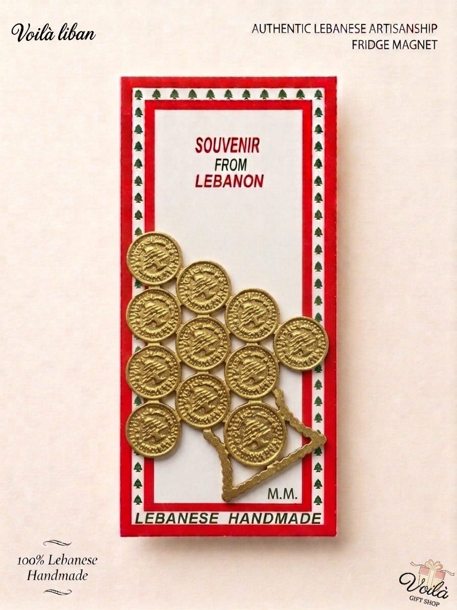 Authentic 100% handmade Lebanese fridge magnet featuring a cluster of vintage gold Lira coins arranged in the shape of the Lebanon map, in premium souvenir packaging.