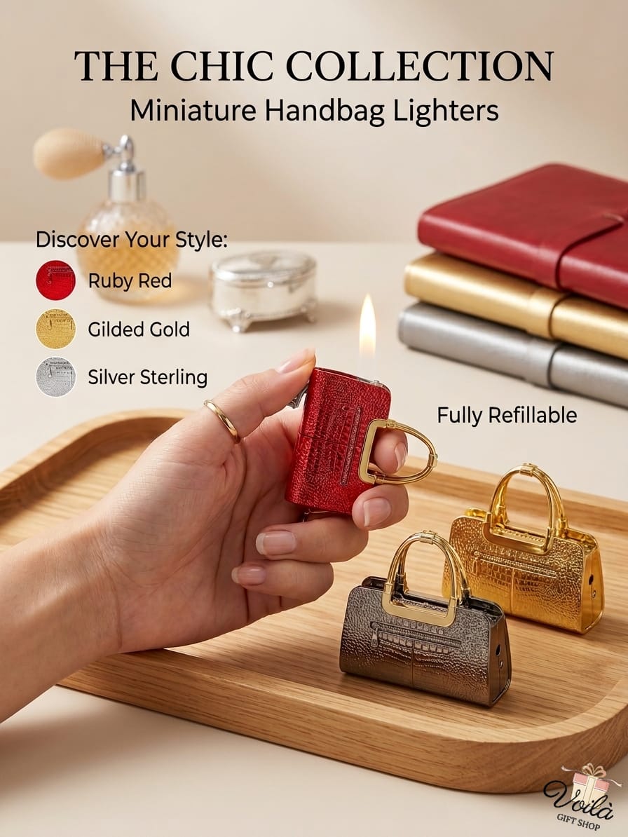 Miniature handbag lighters in Ruby Red, Gilded Gold, and Silver Sterling on a wooden tray.