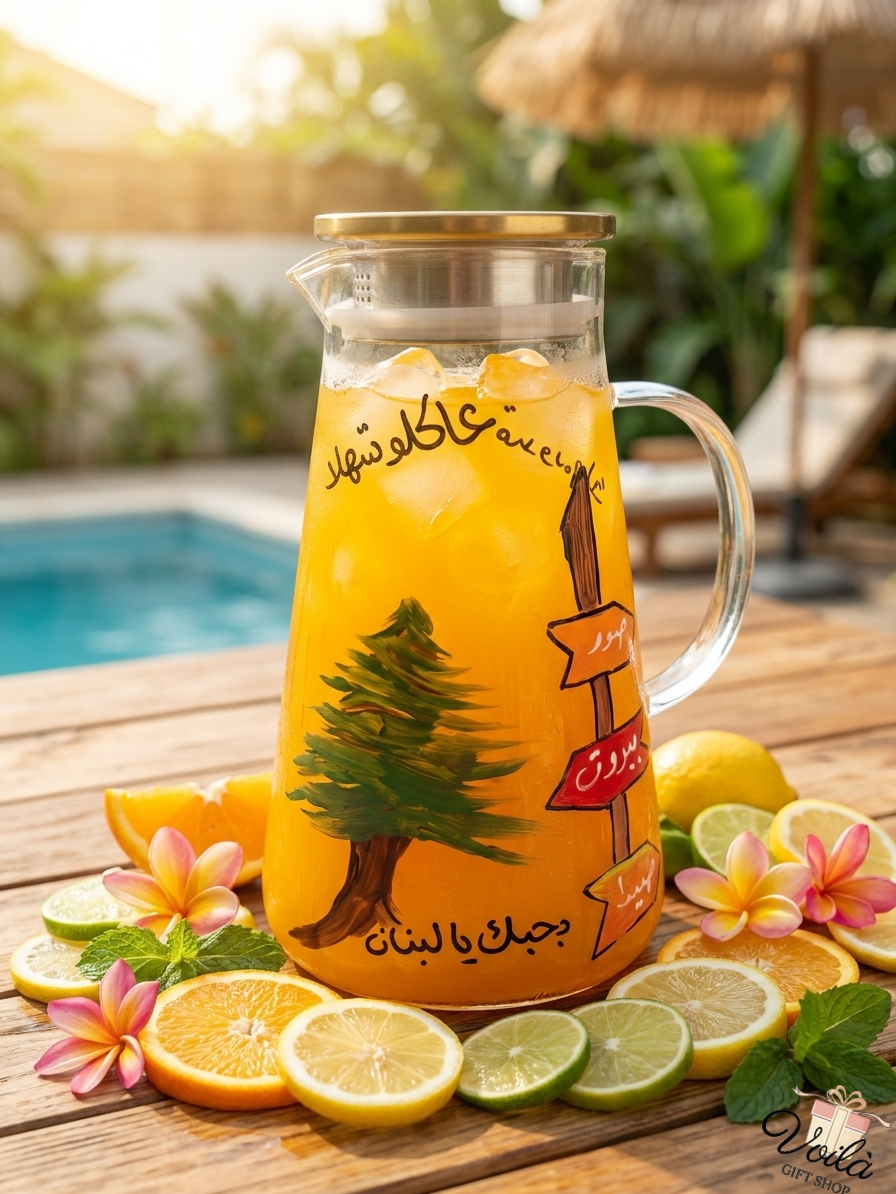 Hand-painted glass pitcher with Lebanese Cedar tree and Arabic calligraphy on a wooden table by a pool