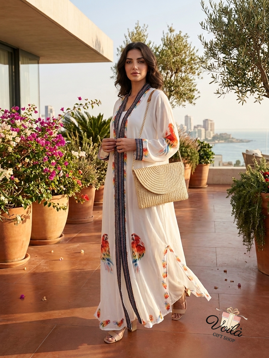 Elegant white embroidered kaftan with parrot print and woven straw bag overlooking Beirut coast