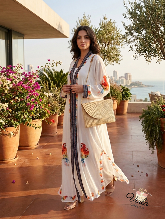 Elegant white embroidered kaftan with parrot print and woven straw bag overlooking Beirut coast