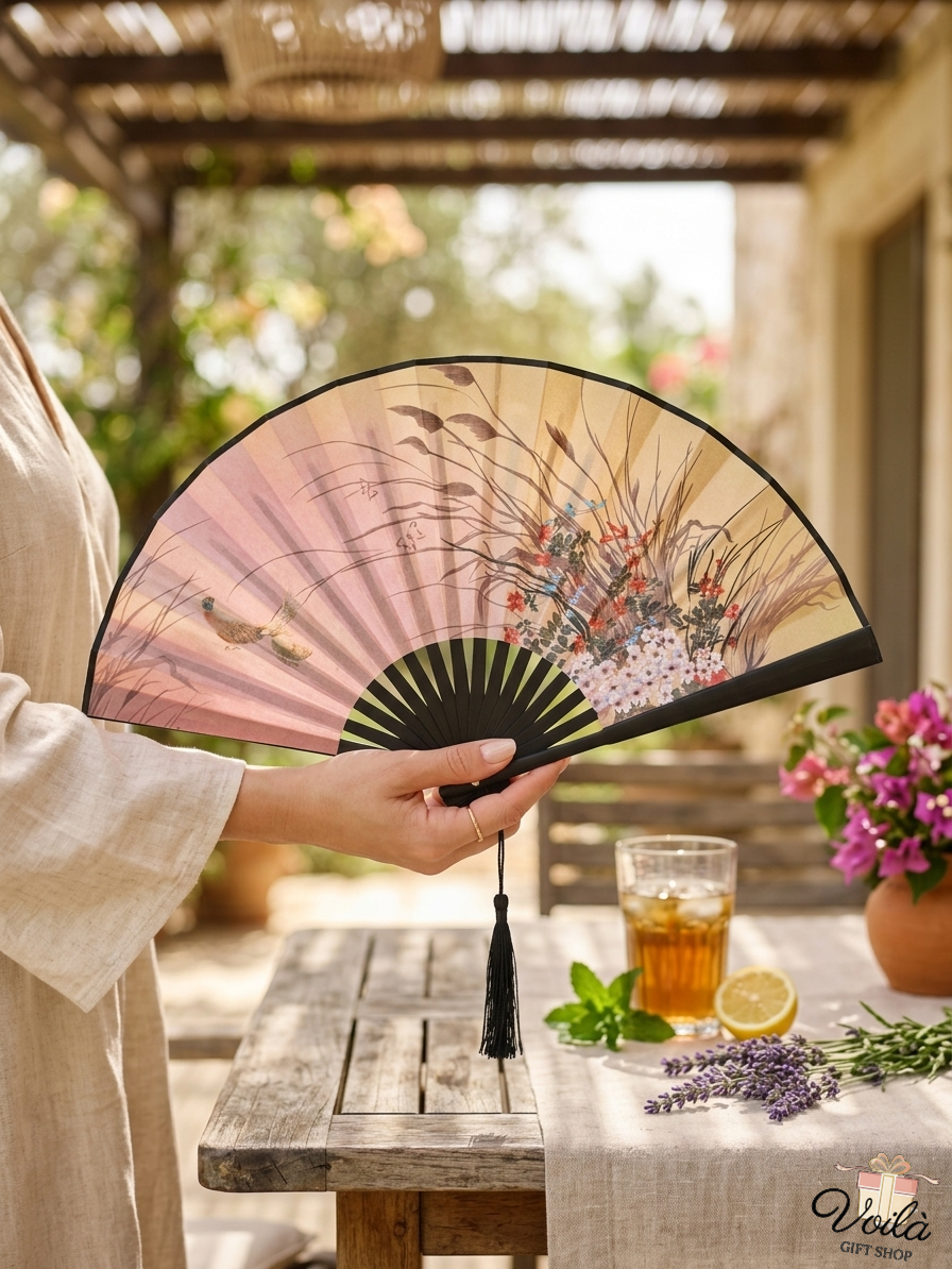 Elegant floral folding hand fan held on a sunny Lebanese terrace