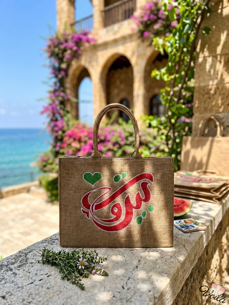 Handcrafted jute tote bag with red and green Beirut Arabic calligraphy on a stone ledge overlooking the sea