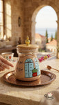 Hand-painted glass Lebanese coffee pot with traditional Beirut houses design and floral handle